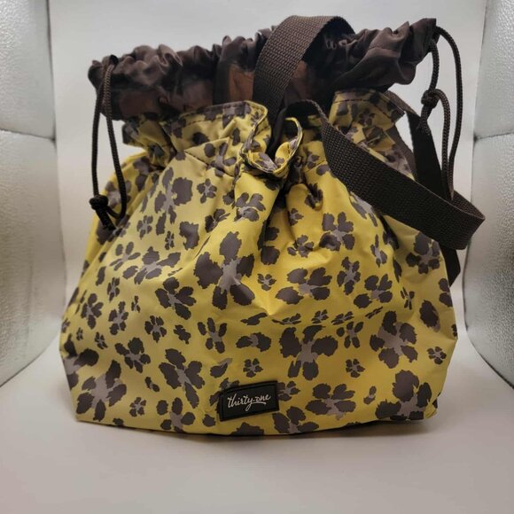 Thirty-One Thermal Drawstring Top Yellow Leopard Floral Lunch Tote Bag - Picture 1 of 4